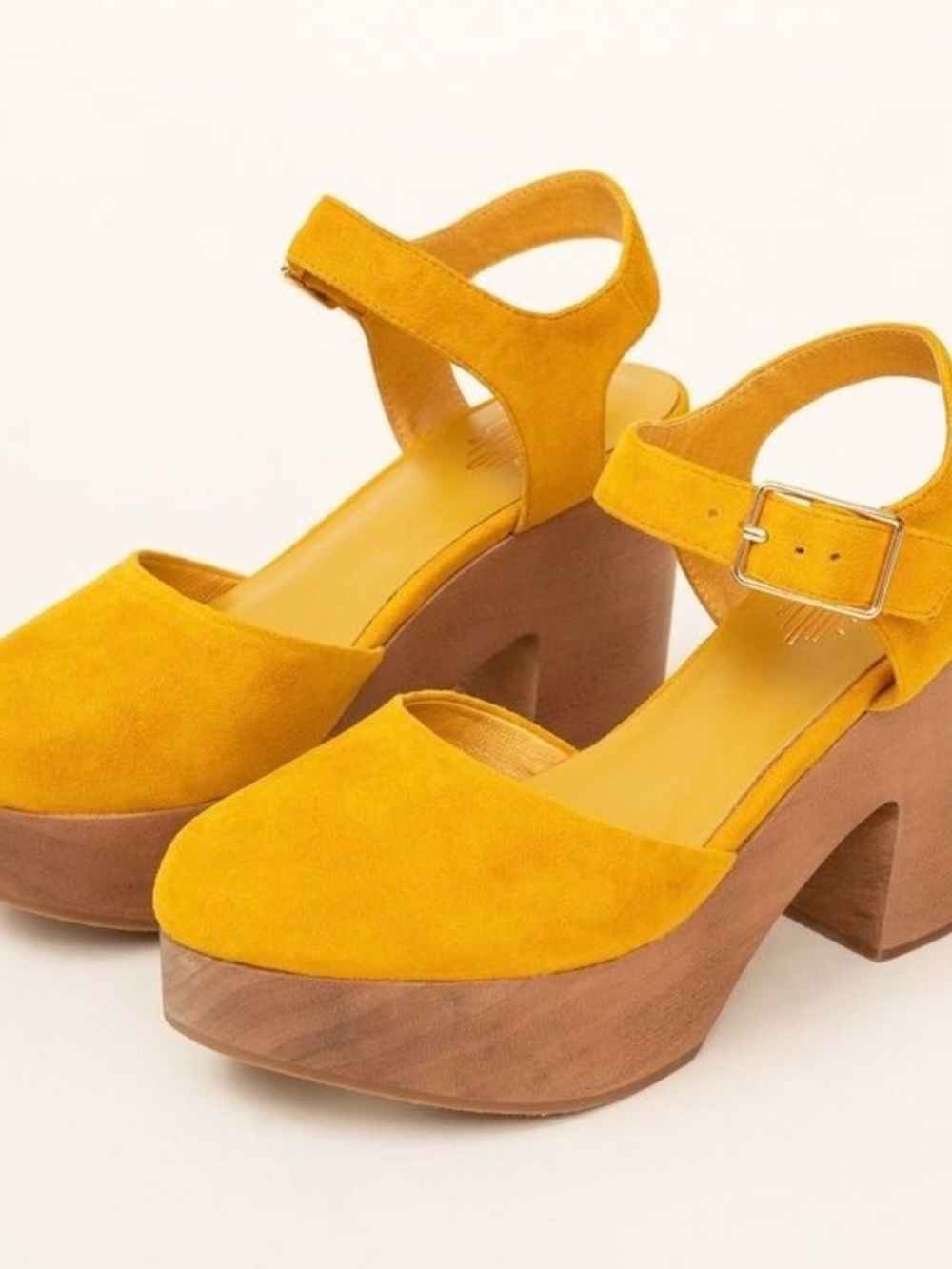 Charlotte Stone Sal Wooden Block Platform Heels in Ochre Yellow Women's US 10